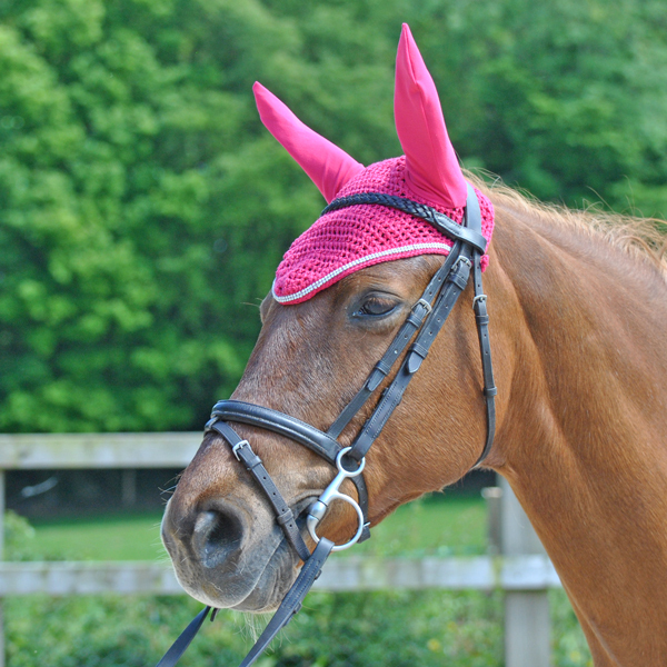 PONY EAR NET CROCHET FLY VEIL EQUESTRIAN HORSE WITH CRYSTALS PINK FULL COB 